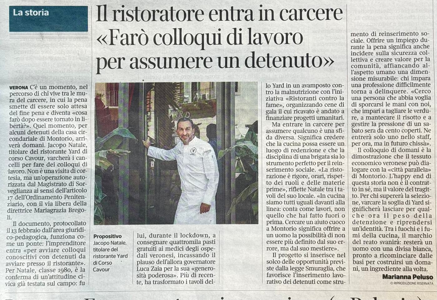 Corriere della Sera — Jacopo Natale, il ristoratore di Verona che fa colloqui di lavoro in carcere: «Voglio assumere un detenuto: in cucina siamo tutti uguali»